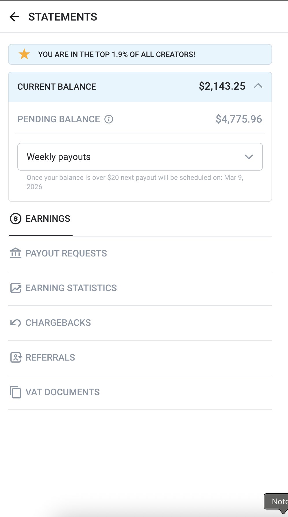 Mobile statements screen: current balance $2,143.25, pending balance $4,775.96